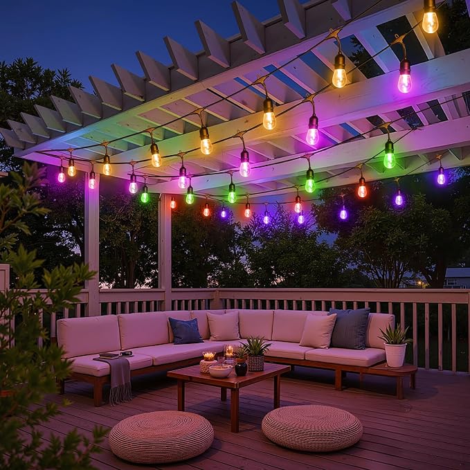 Larkvue 48FT RGBW Outdoor String Lights with Remote, Patio Lights with 15+2 Edison S14 Dimmable Shatterproof Bulbs for Outside Garden Backyard Hanging