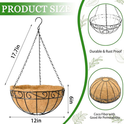 Hanging Planters for Outdoor Plants 4 Pack 12 inch Metal Hanging Flower Basket with Coco Coir Liner Wire Plant Holder Watering Flower Baskets Pot Hanger Garden Decoration for Indoor Outdoor(HBL)