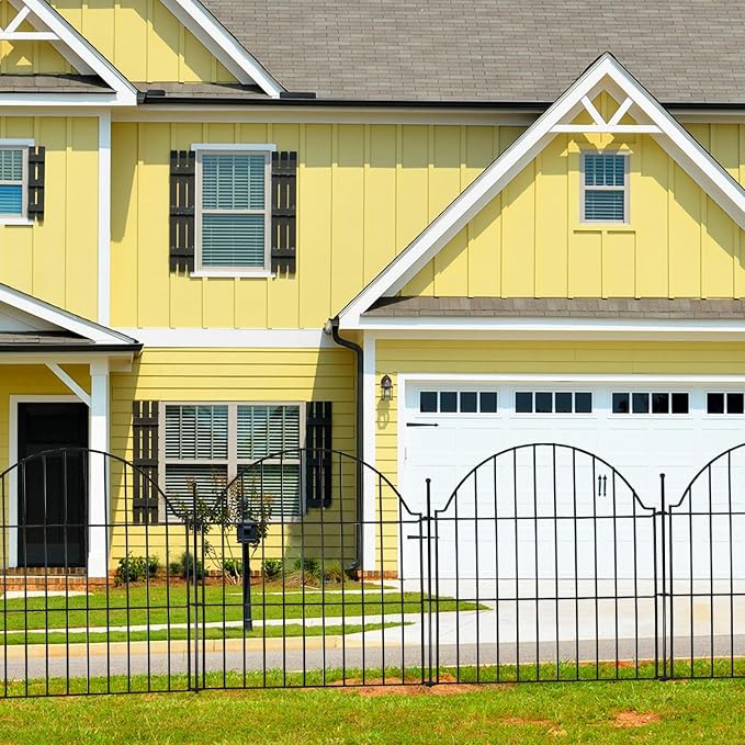 5 Panels Decorative Metal Garden Fence with Gate, 24in (H) x 10ft (L) No Dig Dog Fence Outdoor for Yard, Temporary Rustproof Metal Wire Rabbit Dog Garden Border Fencing for Patio