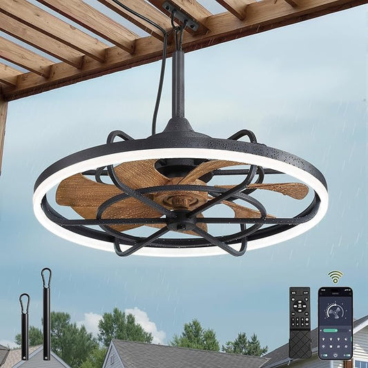 Fanbulous Outdoor Ceiling Fans with Light for Patios, 24" Weatherproof Plug in Ceiling Fan, Gazebo Fan Remote&APP Control, 3CCT Dimmable, Caged Ceiling Fan with Hanging Hook for Porch, Pergola, Canopy