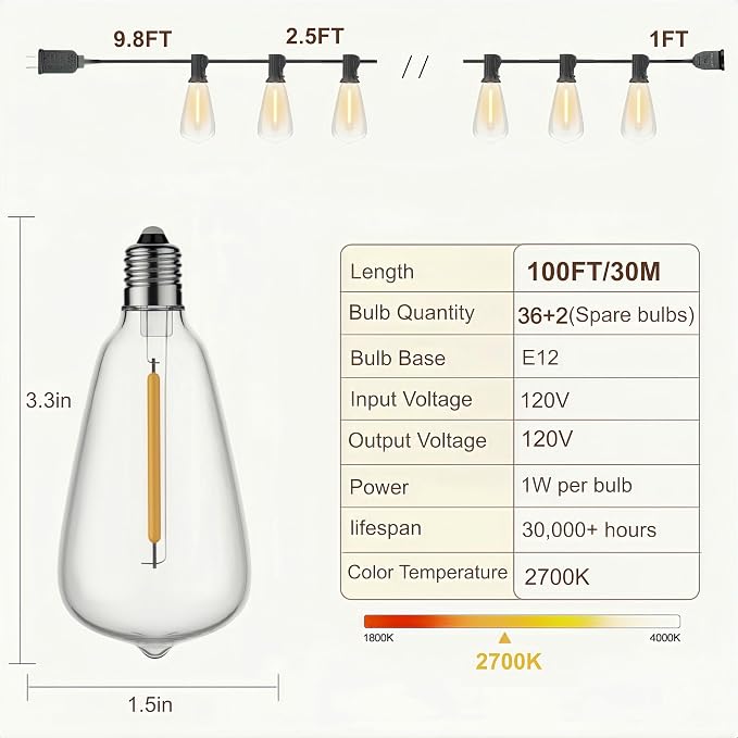 100FT Outdoor String Lights, Waterproof Patio Lights with Clear Shatterproof Plastic ST38 Vintage Edison Bulbs, Connectable Outside Hanging Lights for Backyard, Porch, Deck, Balcony, Garden, 2700K