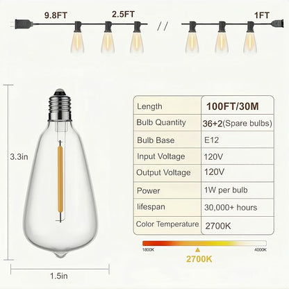 100FT Outdoor String Lights, Waterproof Patio Lights with Clear Shatterproof Plastic ST38 Vintage Edison Bulbs, Connectable Outside Hanging Lights for Backyard, Porch, Deck, Balcony, Garden, 2700K