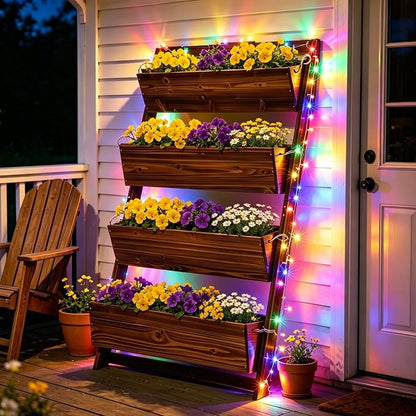 4-Tier Wooden Garden Raised Bed with 11-Mode LED Lights and Timer | 51"H Vertical Wall-Leaning Planter with Tilt-Out Boxes& Drainage Holes for Vegetables Herbs Flowers Patio