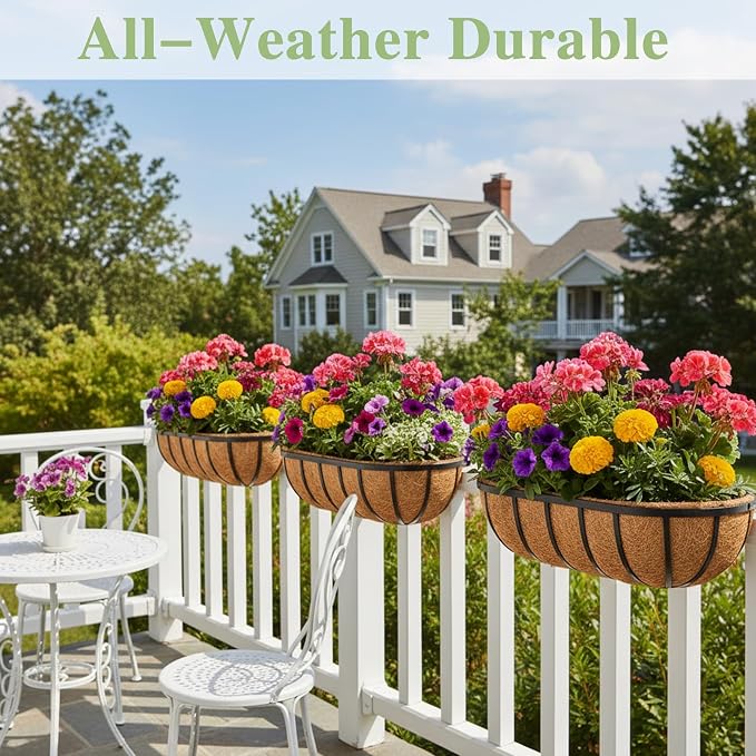 EIMQUVW 30 Inch Railing Planter Window Box Deck Balcony Rail Planter with Coco Liner Metal Wall-Mounted Coconut Liner Basket English Horse Trough for Outdoor Balcony Porch Fence Patio (2 Pack)