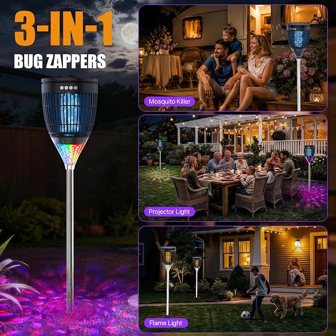 Rossetta Solar Bug Zapper Outdoor, Fly Zapper with Flame & Projector Light | 4200V Shock Grid, Solar & USB Charging, IPX5 Waterproof, Auto Mode, Cordless Electric Mosquito Killer for Patio, Garden