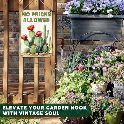 PEACHGARDEN Cactus Deocr Garden Signs No Pricks Allowed Southwestern Metal Tin Sign Cactus Wall Art Decor for Outdoor Garden Yard Greenhouse 8x12 inch