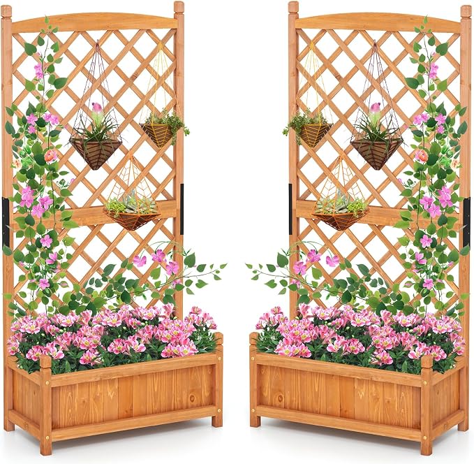 Giantex Raised Garden Bed with Trellis Set of 2, 60" Wooden Planter Container w/Drainage Holes, High Trellis for Plant Flower Climbing Pot Hanging, Indoor Outdoor Planter Box for Yard Garden Balcony