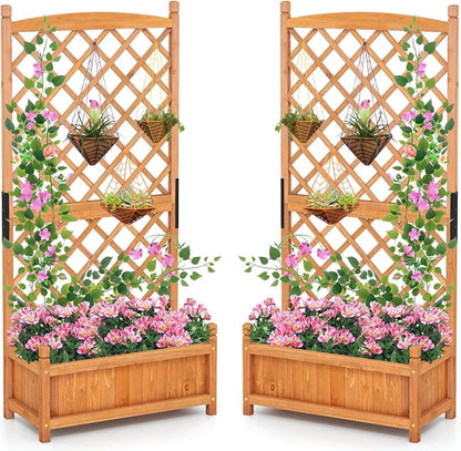 Giantex Raised Garden Bed with Trellis Set of 2, 60" Wooden Planter Container w/Drainage Holes, High Trellis for Plant Flower Climbing Pot Hanging, Indoor Outdoor Planter Box for Yard Garden Balcony