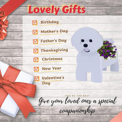 Bichon Frise Dog Planter Pots, 9.84 x 9.06 x 17 Inches | Large Dog Flower Pot, Cute Animal Shaped Plant Pot, Gifts for Women & Pet Lovers, Indoor Outdoor Garden Home Office Decor