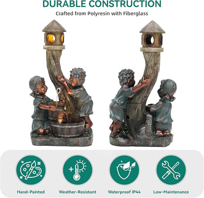 31" Boy and Girl Outdoor Fountain LED 3-Tier Waterfall, Faux Bronze | hand-painted antique bronze, Wood barrel and Pagoda design, patio garden,Yard and Porch