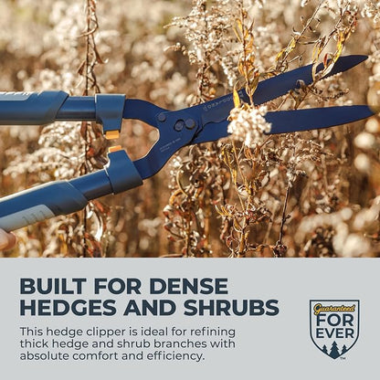 Woodland Tools Heavy Duty Hedge Shears, 23 Inch Manual Hedge Clippers with 10 Inch Lever-Assist Blades and Non Stick Coating, Branch Trimmer for Dense Shrubs and Overgrown Hedges