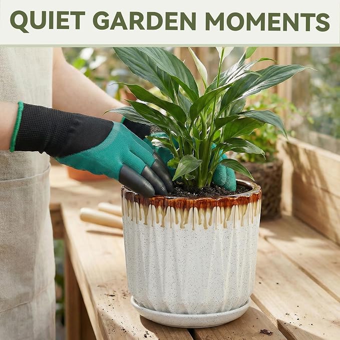 7.5 Inch Ceramic Planter Pot with Saucer Drainage Leak-Proof Mesh,Flower Pots for Indoor Plants with Gardening Gloves,Ceramic Planter(Linen White)