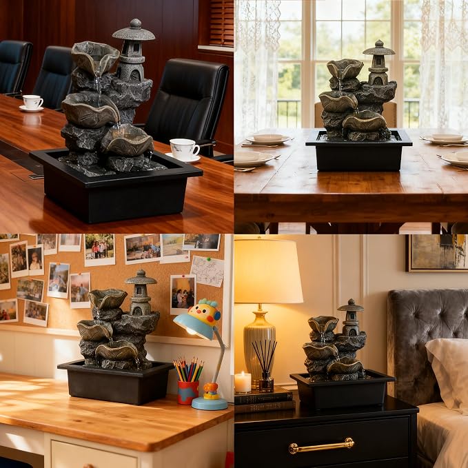 Indoor Tabletop Waterfall Fountain with Rock Pagoda & Lotus Leaf, Design for Home Office Desk Decor, Soothing Zen Water Feature with Warm Light for Relaxation & Meditation
