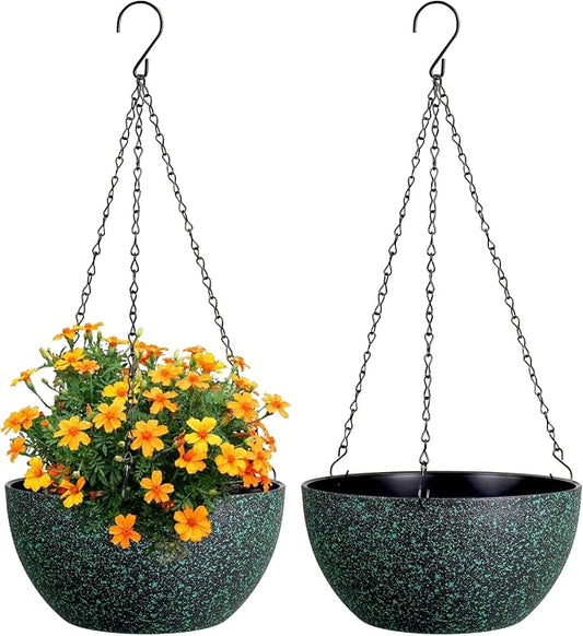 Meowell 10 inch Hanging Planters for Indoor Outdoor Plants, 2 Pack Hanging Flower Pots with Drainage Holes and Chain for Garden, Plastic Hanging Baskets for House Plants, Black with Green Speckles
