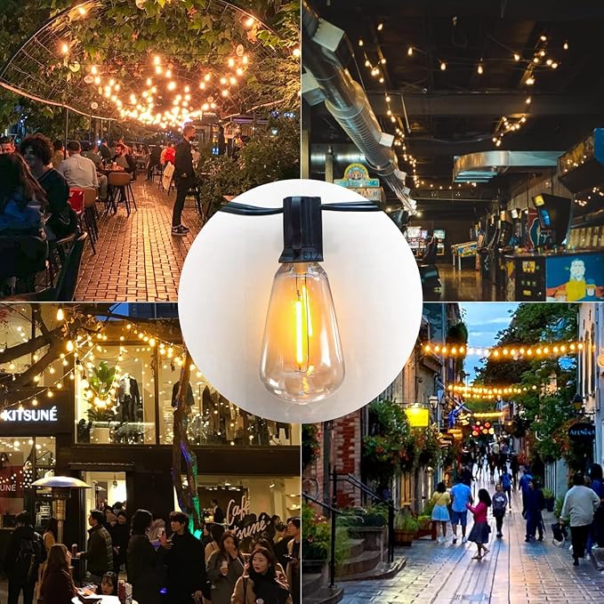 Achin 50FT Solar String Lights Outdoor with 32 LED Bulbs 1.5FT Bulbs Spacing,Patio String Lights Whith Remote, IP65 Waterproof, 3600mAm Battery (50FT 32Bulbs)