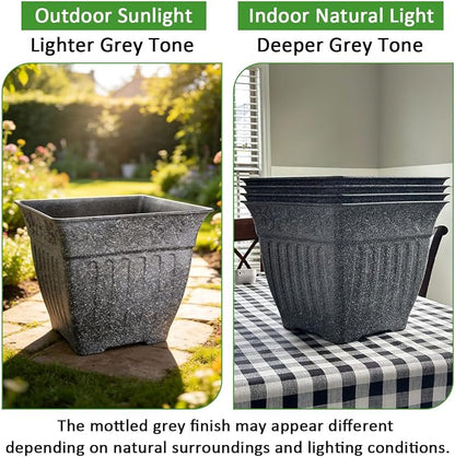 18" Large Square Planter for Plants - 4 Pack Imitation Cement Plastic Flower Pots with Drainage Holes & 2cm Raised Base, 14 Gal Decorative Stone Like Garden Pot, Retro Plant Container (15" Tall)