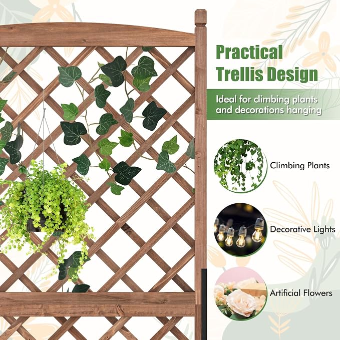 HAPPYGRILL Raised Garden Bed with Trellis, Large Planting Box w/Drainage Holes, 60” Wooden Garden Planter w/Diamond Lattice Trellis for Climbing Plants, Outdoor Planter Box for Patio (2, Coffee)