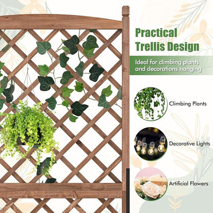 HAPPYGRILL Raised Garden Bed with Trellis, Large Planting Box w/Drainage Holes, 60” Wooden Garden Planter w/Diamond Lattice Trellis for Climbing Plants, Outdoor Planter Box for Patio (2, Coffee)