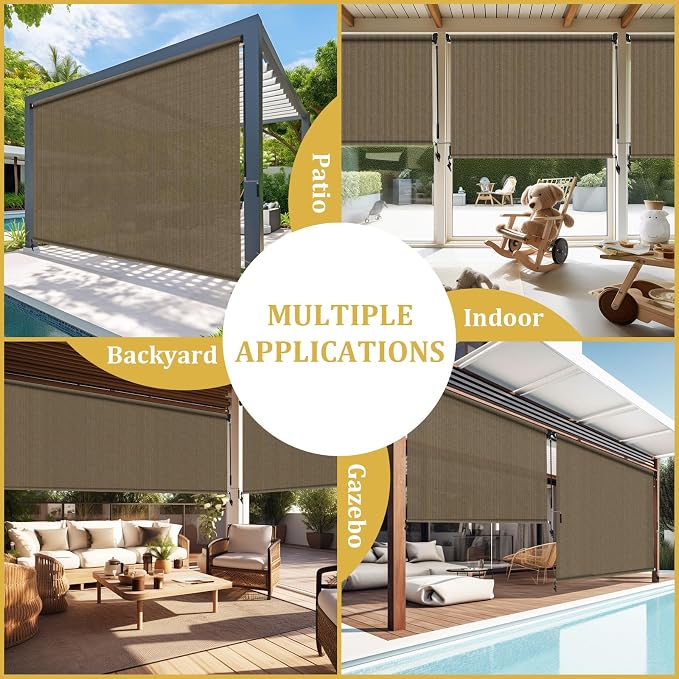 Shade&Beyond Outdoor Roller Shades with Splicing Design, 7' W x 8' H Cordless Patio Roll Up Blinds, Exterior Shade Cloth Roll for Porch, Gazebo, Pergola, Balcony, Coffee Brown
