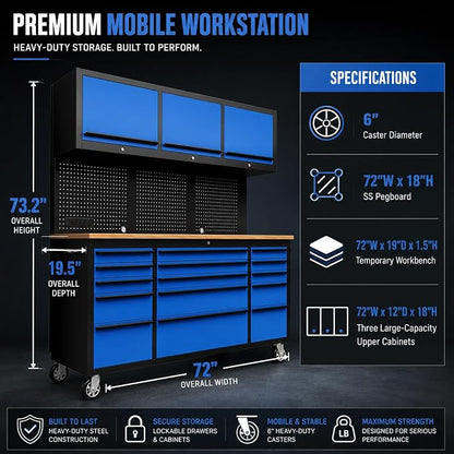 CHETTO C 72 inch Tool Chest Tool Box Mobile 15 Drawer Storage 3 Upper Cabinet Power Outlet SS-Pegboard with Wheels Lock Key Locking System Drawer Liners for Garage Warehouse Repair Shop