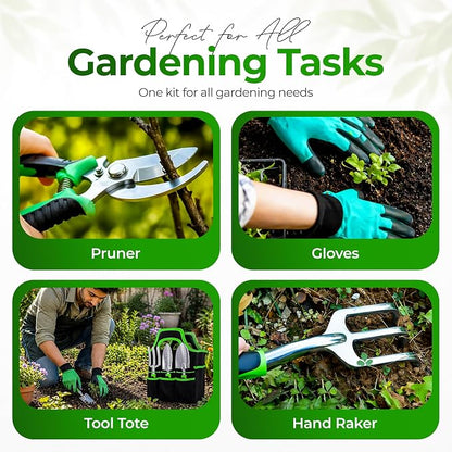 Gardening Tools Set with Bag 8 PCS – Heavy Duty Stainless Steel Garden Hand Tools Kit, Ergonomic Non-Slip Handles, Rust-Proof, Includes 15 Plant Tags – Gardening Gift for Women & Men