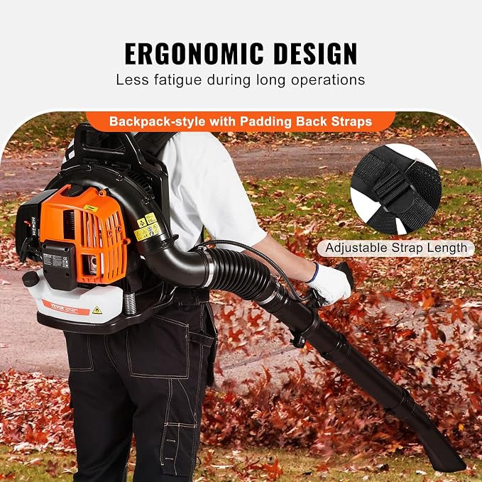 VEVOR 63CC Backpack Leaf Blower Gas Powered, 1.89L Tank, Delivers 1110CFM & 220MPH, Perfect for Garden Maintenance, Clearing Leaves & Snow