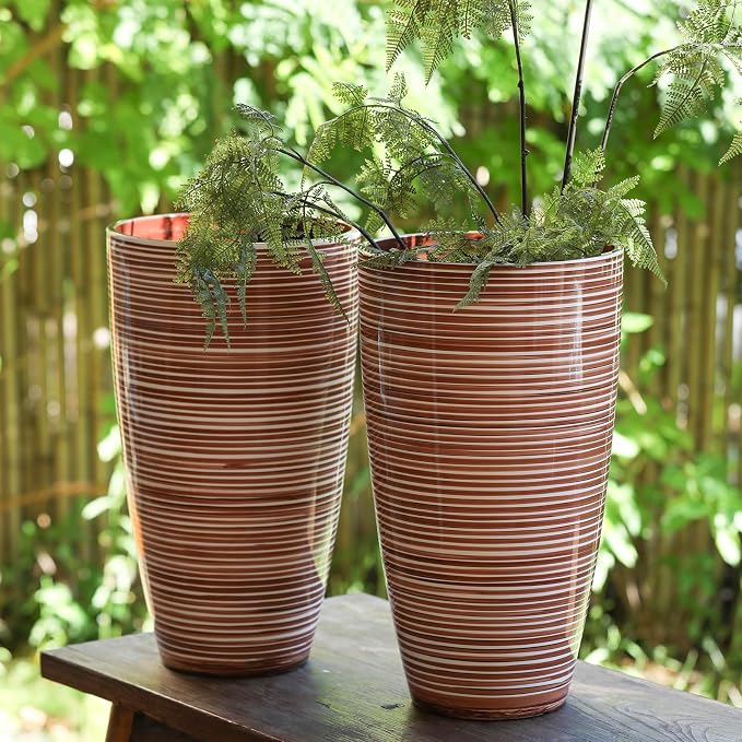 SUN-E Tall Planters for Outdoor Plants 2Pack, 21-Inch Large Striped Planter with Removable Insert Shelf,Ribbed Coffee&Milk Finish Tall Flower Pots for Front Porch Deck Boho Home Decor For Plant Lovers