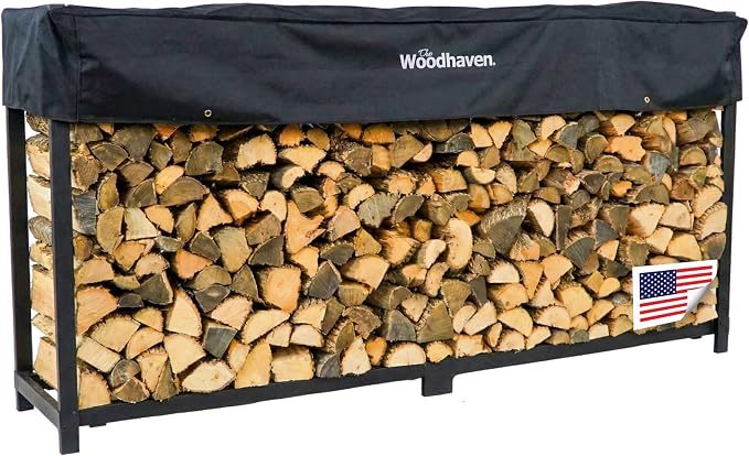 Woodhaven 10-Foot Firewood Rack – American Brand – 1/2 Cord Raised Lumber Storage Rack – Keeps Wood Dry & Ready – Heavy-Duty Steel, Lifetime Structural Warranty (With Cover)