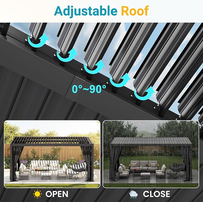 12' x 16' Louvered Pergola, Outdoor Pergola with Curtains & Netting, Aluminum Frame Patio Pergola with Adjustable Louvers Roof & Gutter System, Hardtop Gazebo for Patio, Deck, Garden, Yard, Dark Gray