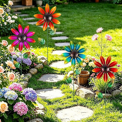 DETENE Metal Flower Garden Stakes Set of 4 Outdoor Flower Yard Decor Multicolor Lawn Flower Stakes for Spring Patio Pathway Garden Decoration Rustproof Metal Garden Art Decor
