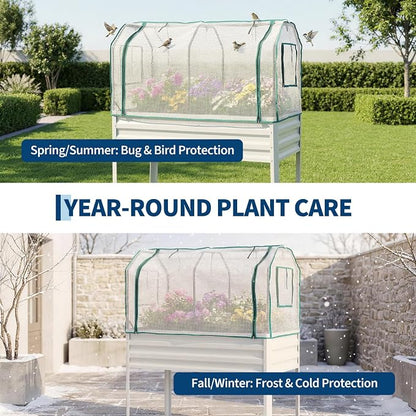 48×24×56in Galvanized Elevated Raised Garden Bed with Legs, Greenhouse Cover & Bird Net, Deep Metal Raised Planter Box for Backyard Patio Balcony Vegetables Herbs Flowers
