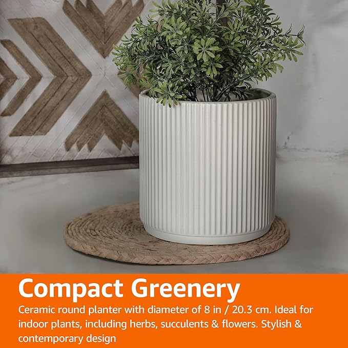 Amazon Basics Fluted Ceramic Planter Pot for Indoor Outdoor Plants, Round Flower Pot with Drainage Hole, 8-inch, White