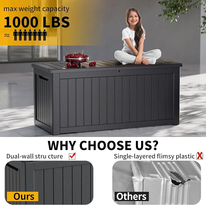 280 Gallon Outdoor Storage Box Waterproof, Lockable Resin Deck Box Large Storage Bin for Patio Furniture Cushion, Garden Tools, Pool Accessories, UV-Resistant, Black
