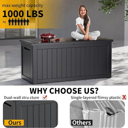 280 Gallon Outdoor Storage Box Waterproof, Lockable Resin Deck Box Large Storage Bin for Patio Furniture Cushion, Garden Tools, Pool Accessories, UV-Resistant, Black