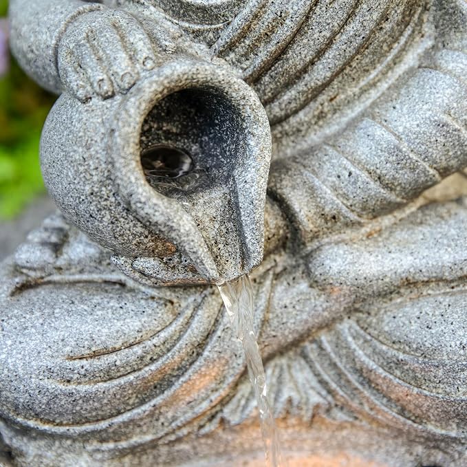 Glitzhome 20.5" Zen Buddha Fountain, Outdoor Water Fountain with LED Light, Polyresin Stone Powder Concrete Finish Meditating Buddha Statue for Garden Patio Yard Deck, 4 Warm LED Lights