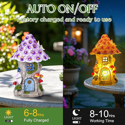 Fairy Garden House Outdoor Figurine Lights, Fairy Houses for Outside, Garden Statues Mushroom House, for Patio, Yard, Balcony Decoration, Outdoor Decorations Yard and Birthday Gifts for Mom Women