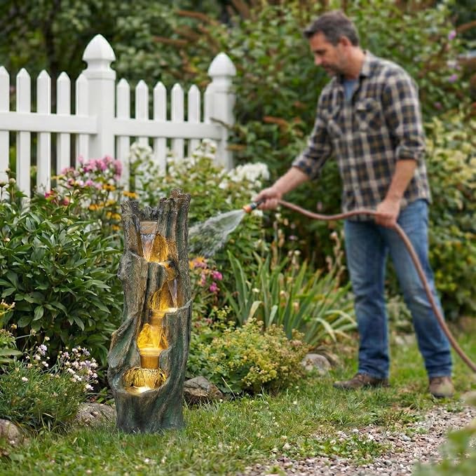 Outdoor Waterfall Fountain with LED Lights, Freestanding Tree Design Garden Water Feature, Fiberglass Resin Construction, Easy Setup for Patio Backyard Lawn Porch