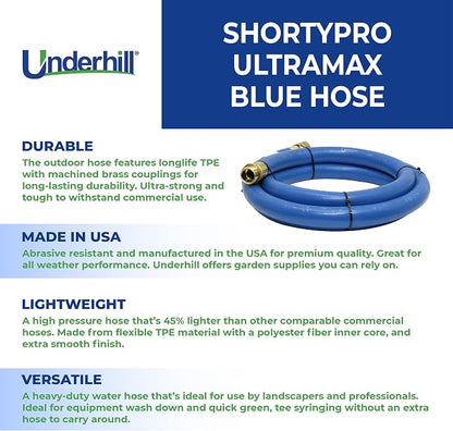 Underhill ShortyPro UltraMax Commercial Garden Water Hose, Lightweight, Heavy-Duty, Flexible, Anti-Kink, 1200 psi, H10-S20, 1 Inch x 20 ft, Blue