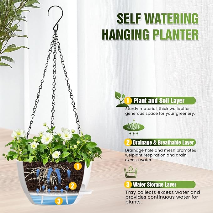8 Inch Self Watering Hanging Planters Set of 3 with Saucers | Set of 3 8-inch self-watering hanging planters with side-fill watering ports, chain hangers & snap-on saucers
