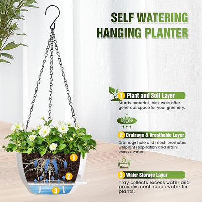8 Inch Self Watering Hanging Planters Set of 3 with Saucers | Set of 3 8-inch self-watering hanging planters with side-fill watering ports, chain hangers & snap-on saucers