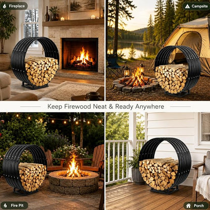24" Firewood Rack with Roof Cover, Indoor & Outdoor Log Holder Keeps Firewood Dry, Clean & Organized for Fireplace, Patio & Backyard, Heavy-Duty Steel Wood Storage Rack, 400LBS Capacity
