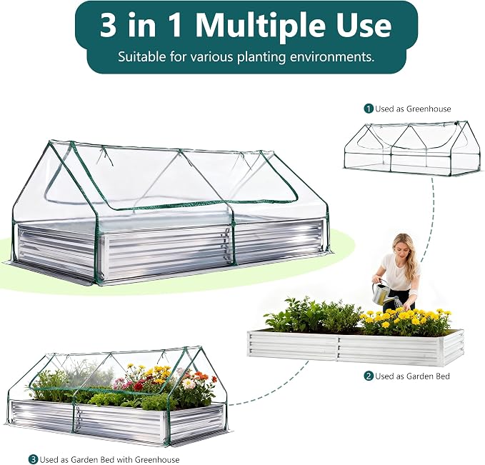 DUMOS Galvanized Raised Garden Bed with Cover, 8x4x1ft Metal Planter Box Outdoor for Deep-Rooted Vegetables Flowers Herbs, Garden Bed Mini Greenhouse for Patio Balcony Backyard, Open Bottom, Clear