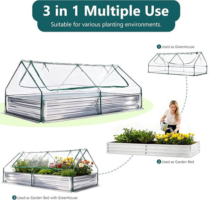 DUMOS Galvanized Raised Garden Bed with Cover, 8x4x1ft Metal Planter Box Outdoor for Deep-Rooted Vegetables Flowers Herbs, Garden Bed Mini Greenhouse for Patio Balcony Backyard, Open Bottom, Clear