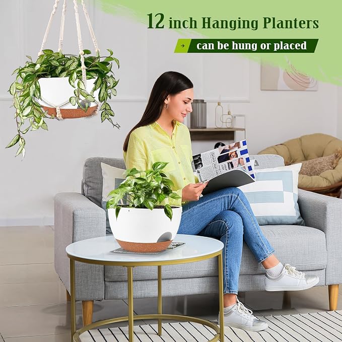10 Inch Self Watering Hanging Planters with Metal Chain & Macrame Hangers | Reservoir, Drainage Holes, Hanging Planter Basket for Indoor & Outdoor Plants, White