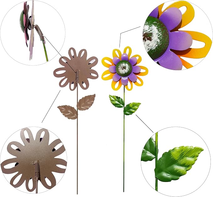 Metal Flower Garden Stakes Set of 6, Outdoor Yard Art Decorations, Hand-Painted Flower with Shaking Head Lawn Stakes for Garden, Patio, Flower Bed, Spring Summer Outdoor Decor
