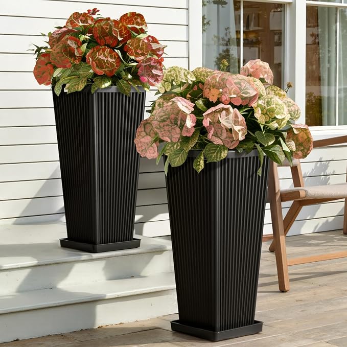 Tall Black Planters Outdoor Set of 2-24" Modern Tapered Plastic Planters for Outdoor Plants with Drainage Holes/Partition/Tray, Large Indoor Planter for Porch Patio Garden Front Porch