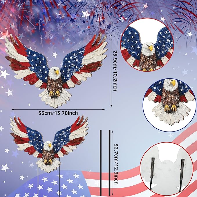 Amyhill 4th of July Outdoor Decor Patriotic Eagle Metal Garden Stakes Decorative Red White Blue Star Yard Signs with Stakes for Independence Day Memorial Day Garden Lawn Decorations