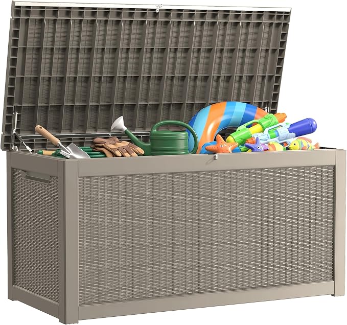 320 Gallon Outdoor Storage Box Waterproof, Lockable Resin Deck Box Large Storage Bin for Patio Furniture Cushion, Garden Tools, Pool Accessories, UV-Resistant Outside, Gray