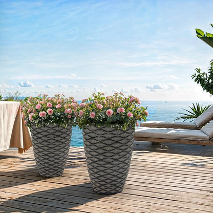 Autodaya 20" Tall Wave-Textured Resin Planters Set of 2 with Drainage Holes | High-Density Weather-Resistant Resin Pots for Indoor and Outdoor Plants, Patio, Garden, Porch, Living Room, Ideal for Gifting