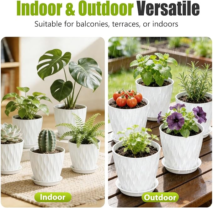 8 Inch Plastic Plant Pots,Set of 5 Flower Pots,Planters with Drainage Holes & Saucers, Indoor Outdoor Garden Pots for Home Decor(White)